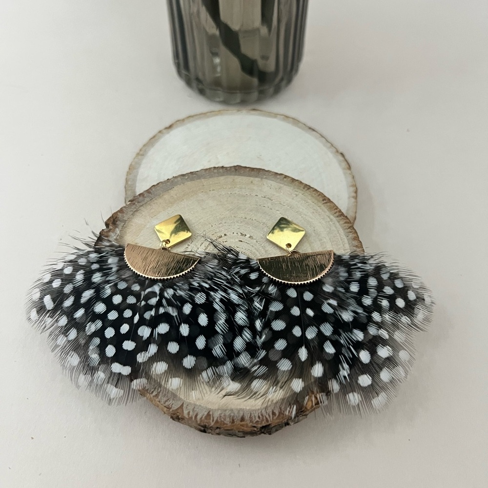Art Deco Black and White Polka-dot Feather Earrings with Gold Accents
